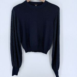 Free People Blue/Green Metallic Shoulder Pads Balloon Sleeve Sweater Size XS